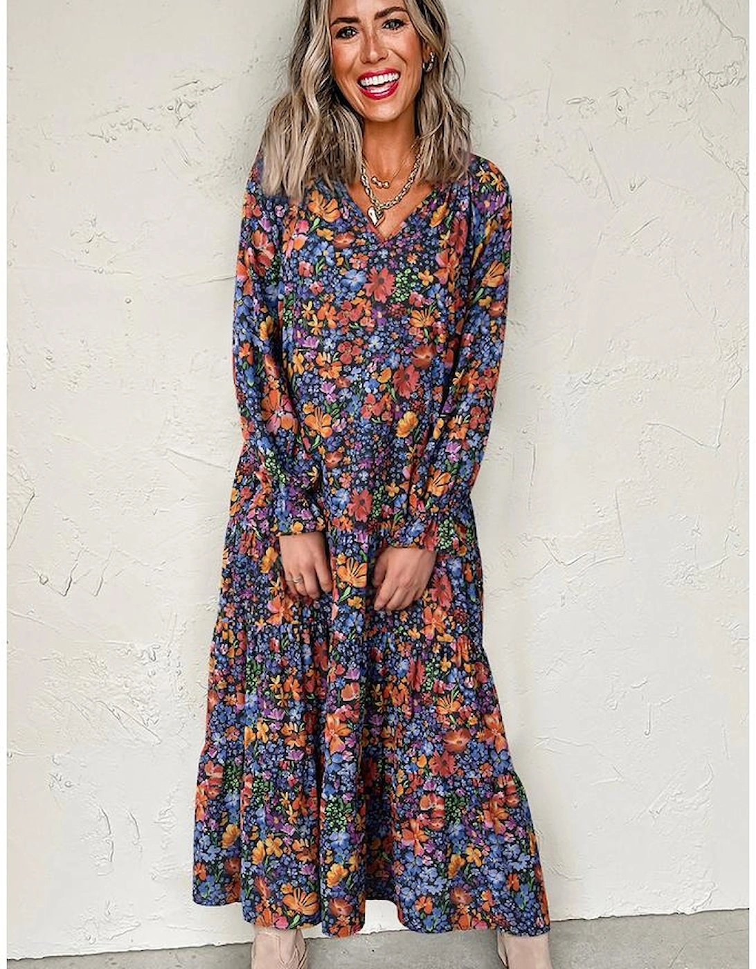 Blue Floral Print Tassel Tie V Neck Long Sleeve Flowy Long Dress