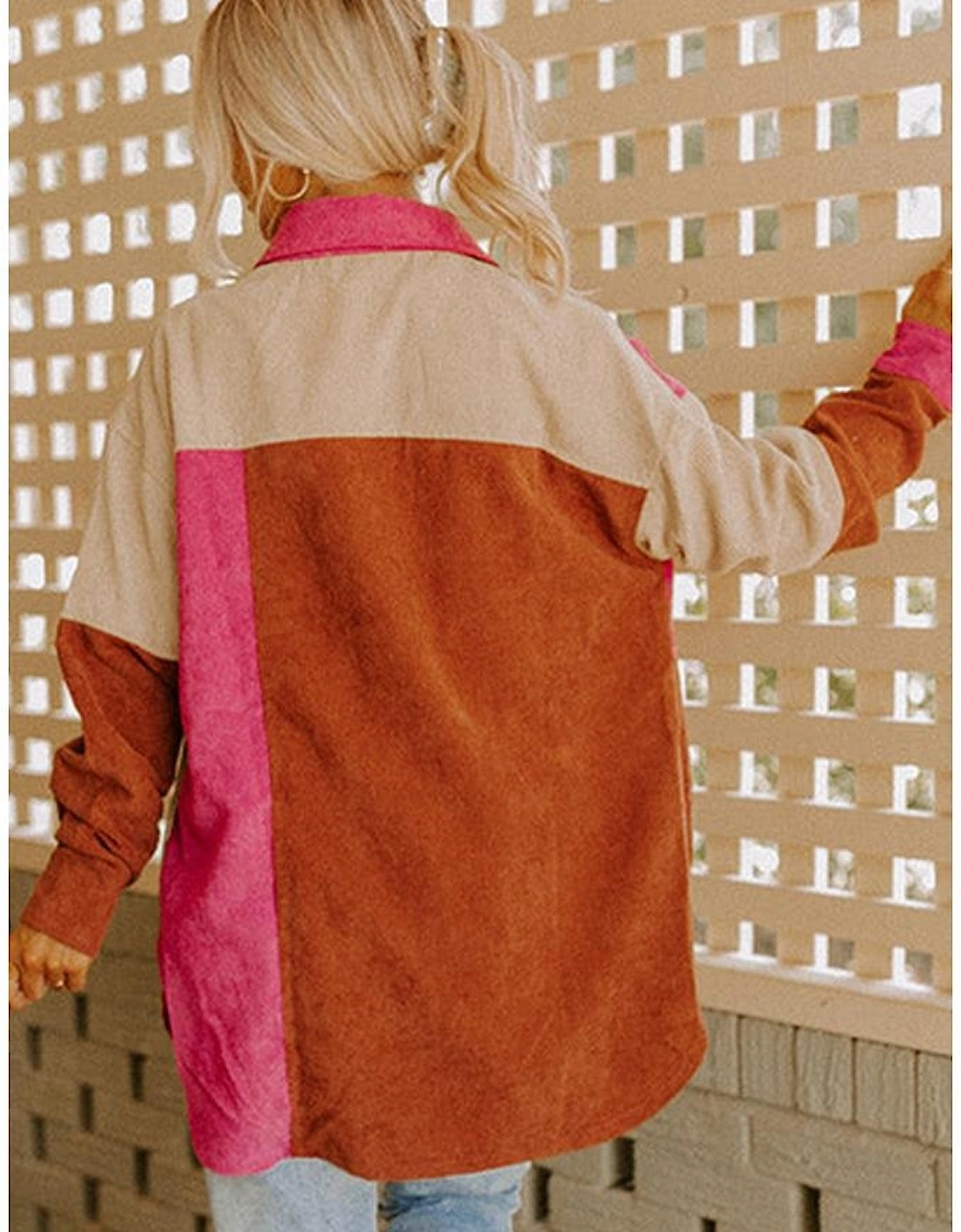 Rose Red Colorblock Curved Hem Corduroy Shacket with Pocket