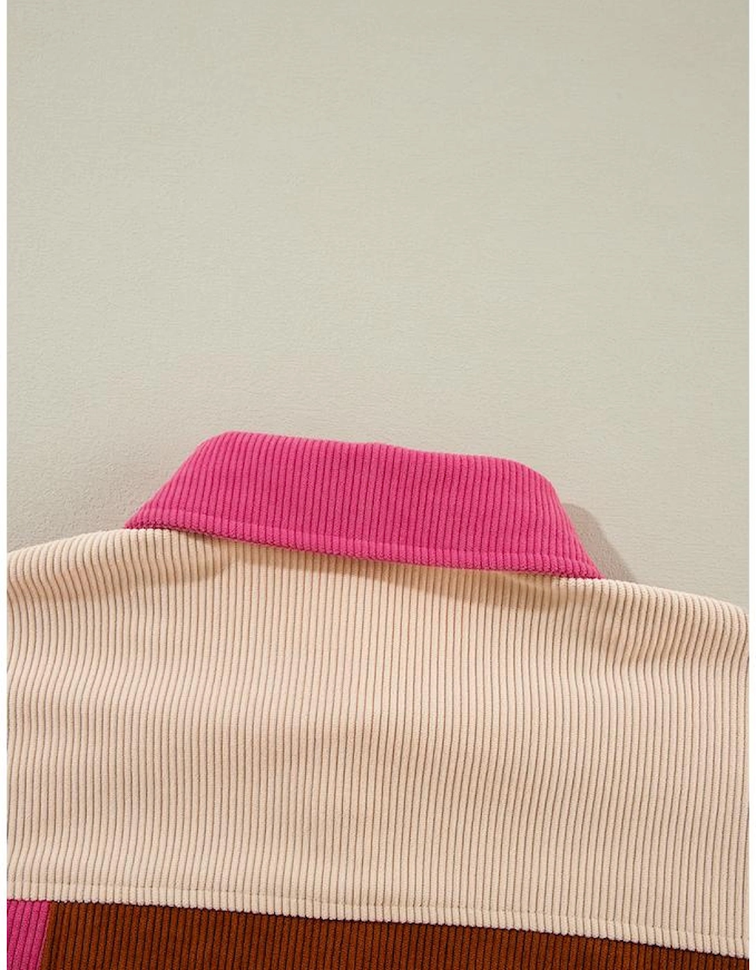 Rose Red Colorblock Curved Hem Corduroy Shacket with Pocket, 14 of 13