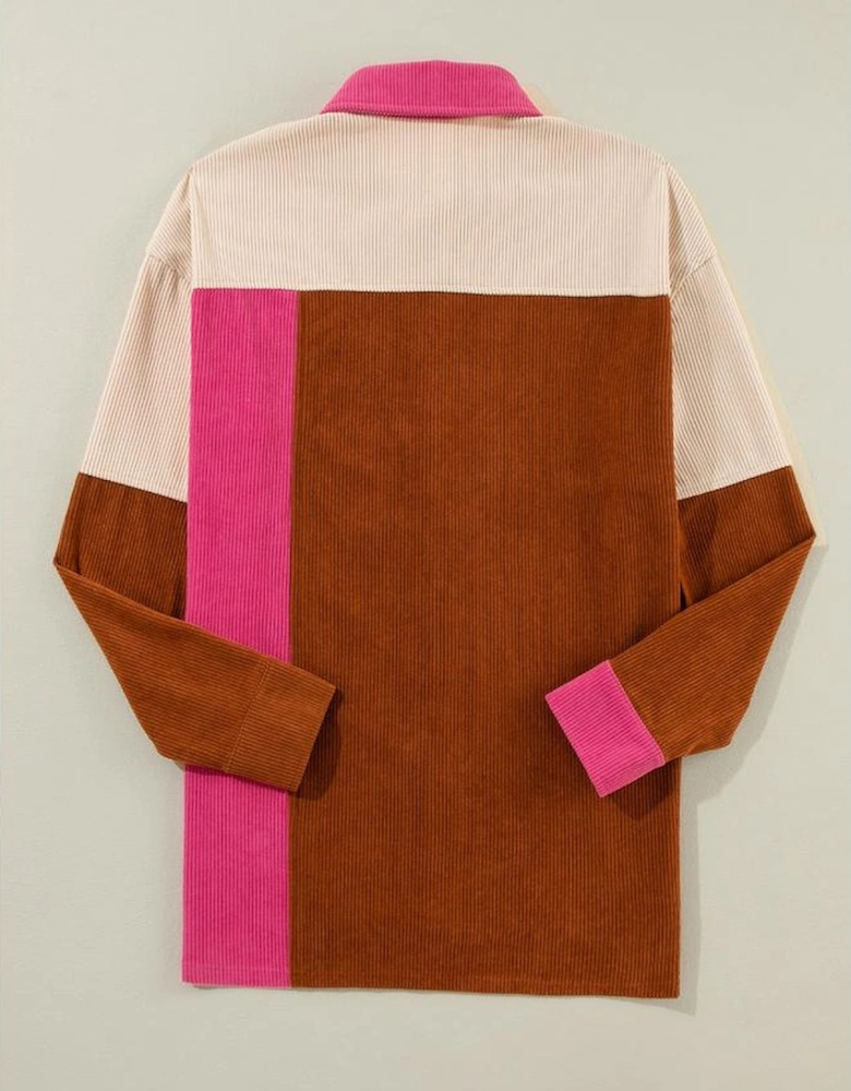 Rose Red Colorblock Curved Hem Corduroy Shacket with Pocket