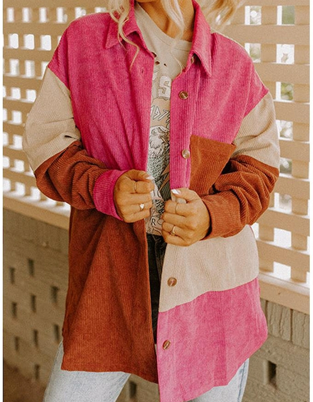 Rose Red Colorblock Curved Hem Corduroy Shacket with Pocket