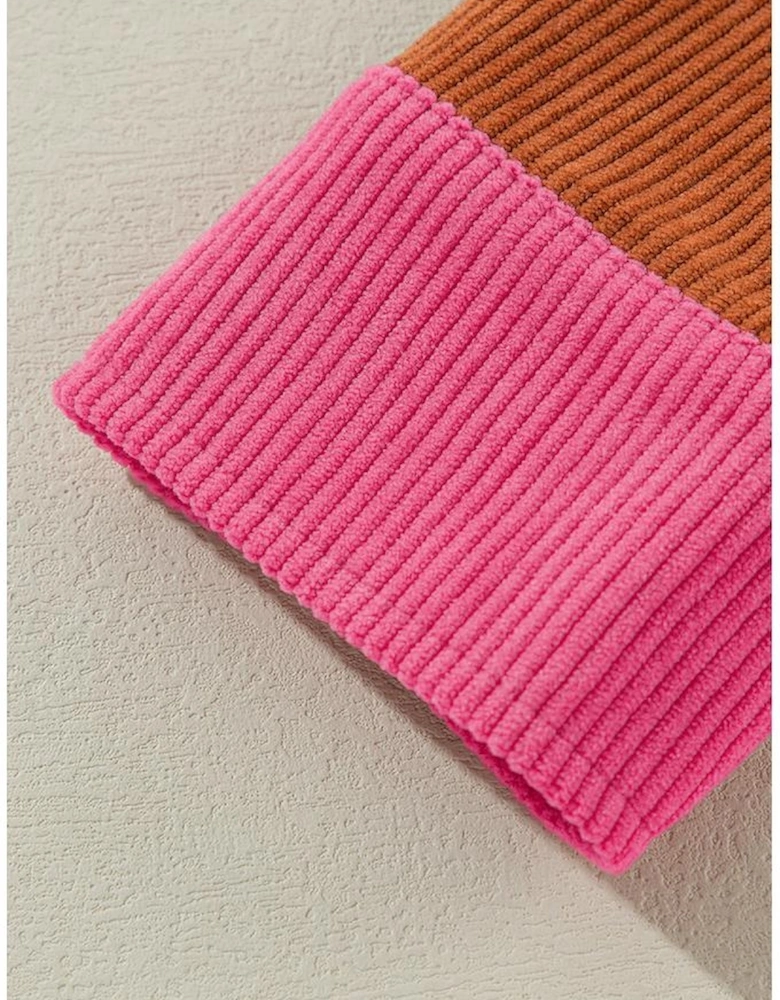 Rose Red Colorblock Curved Hem Corduroy Shacket with Pocket