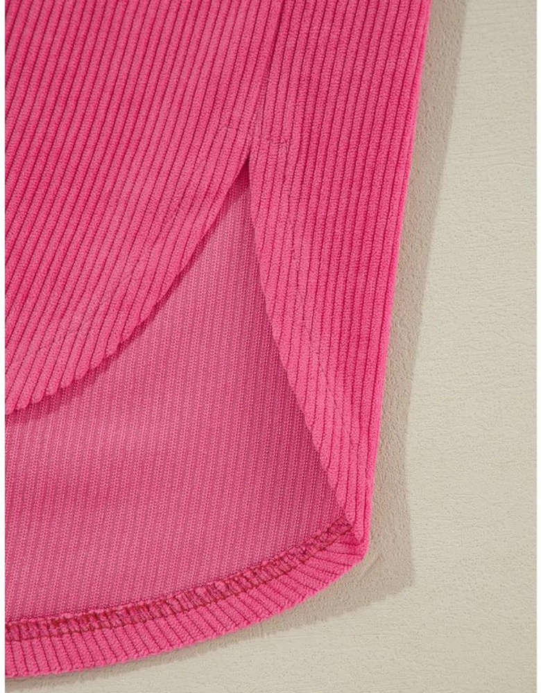 Rose Red Colorblock Curved Hem Corduroy Shacket with Pocket