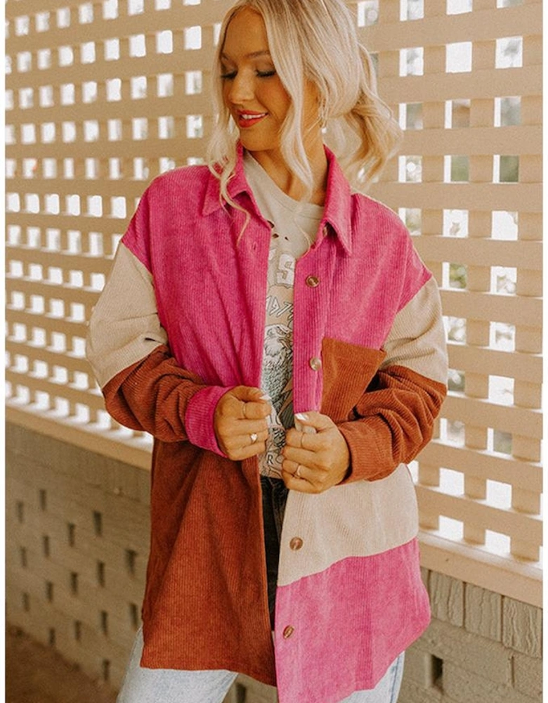 Rose Red Colorblock Curved Hem Corduroy Shacket with Pocket