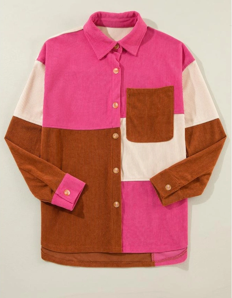 Rose Red Colorblock Curved Hem Corduroy Shacket with Pocket
