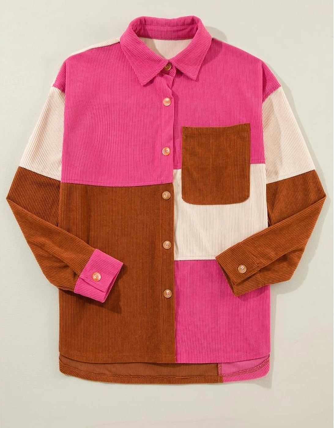Rose Red Colorblock Curved Hem Corduroy Shacket with Pocket