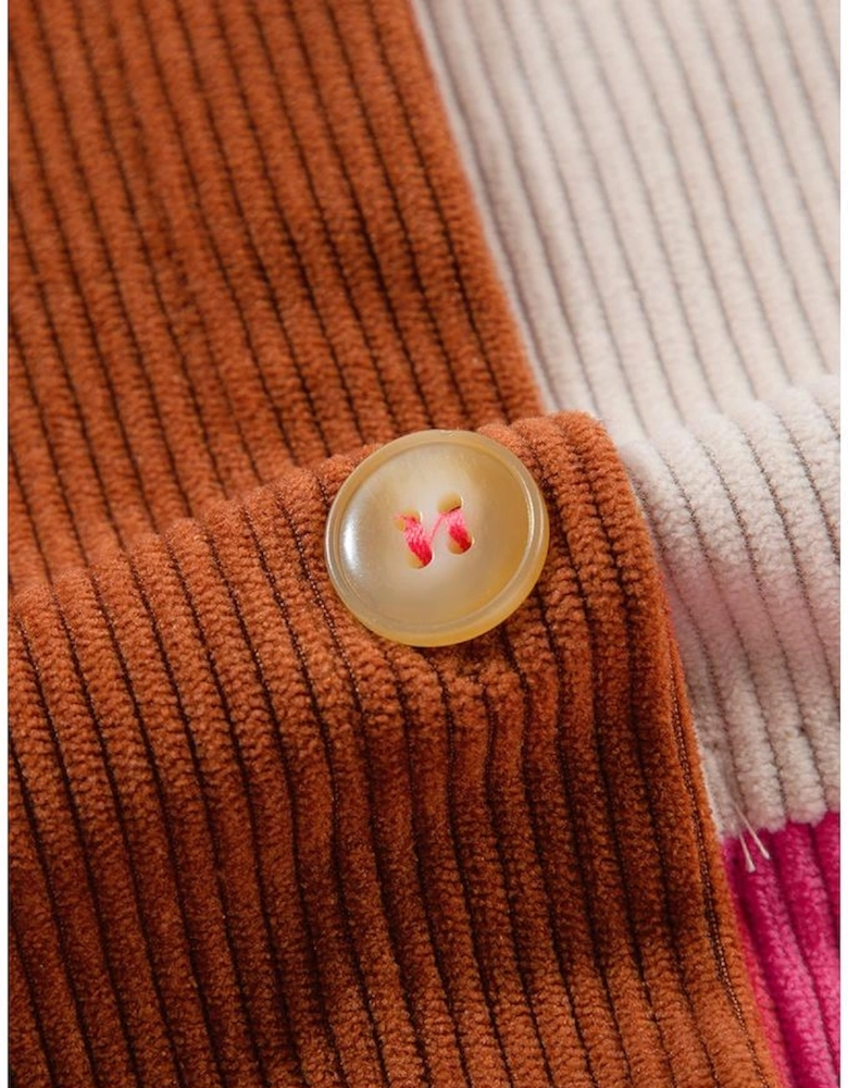 Rose Red Colorblock Curved Hem Corduroy Shacket with Pocket