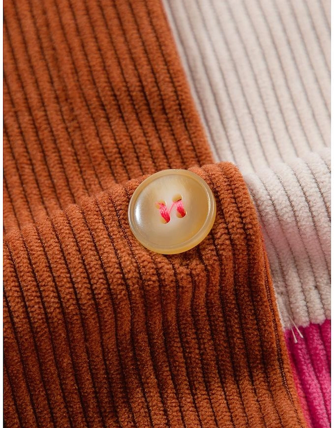 Rose Red Colorblock Curved Hem Corduroy Shacket with Pocket