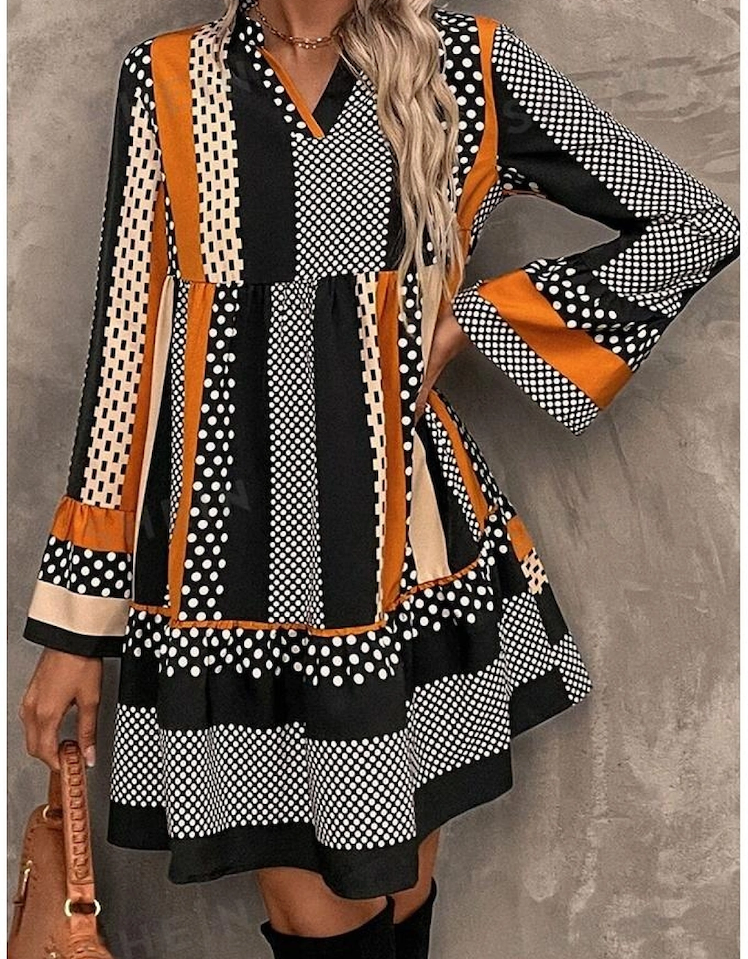 Black Striped Polka Dot Print Ruffled Hem V Neck Mini Dress, 7 of 6