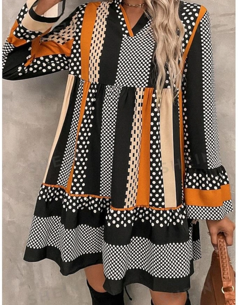 Black Striped Polka Dot Print Ruffled Hem V Neck Mini Dress