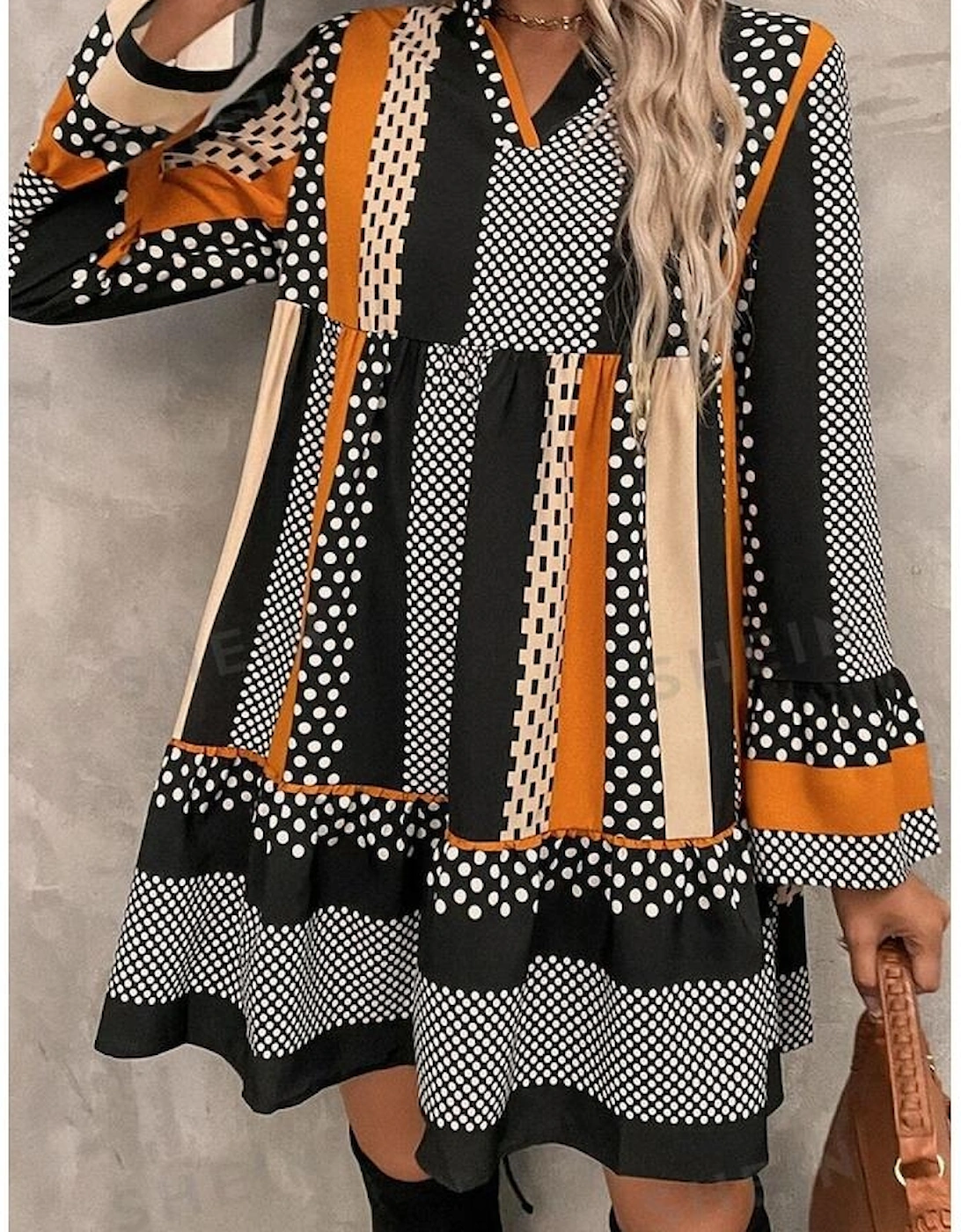 Black Striped Polka Dot Print Ruffled Hem V Neck Mini Dress