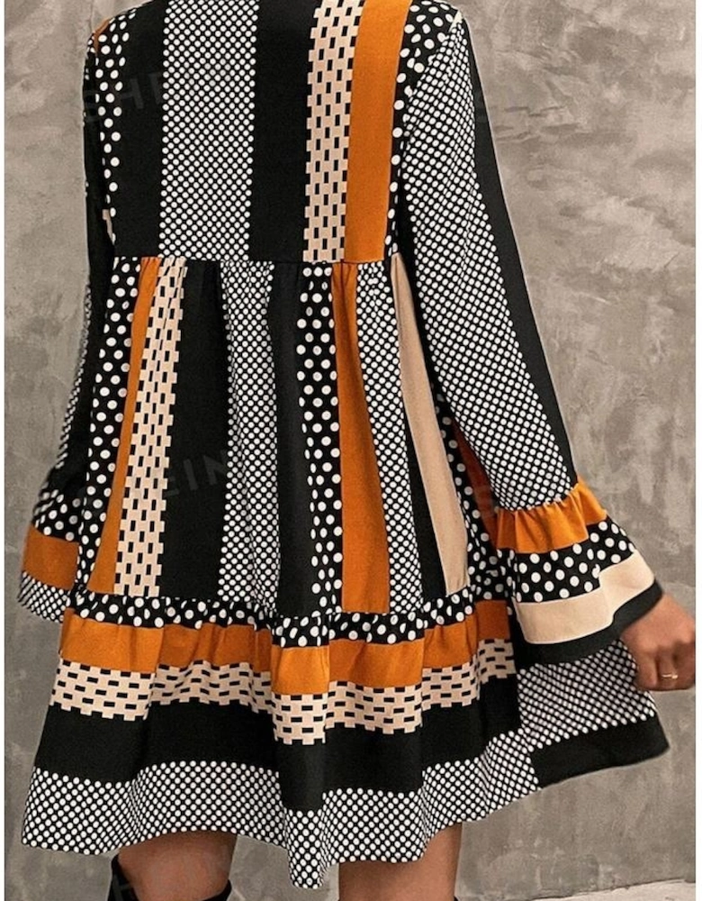 Black Striped Polka Dot Print Ruffled Hem V Neck Mini Dress