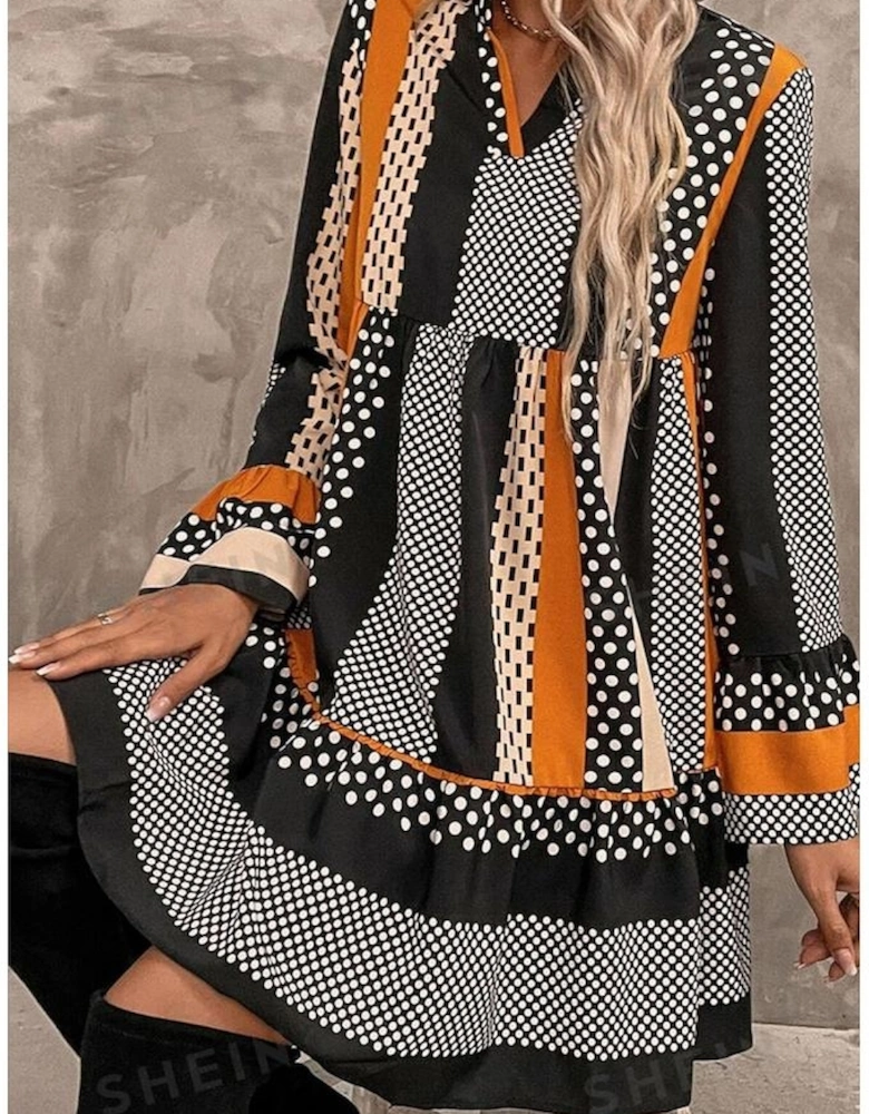 Black Striped Polka Dot Print Ruffled Hem V Neck Mini Dress