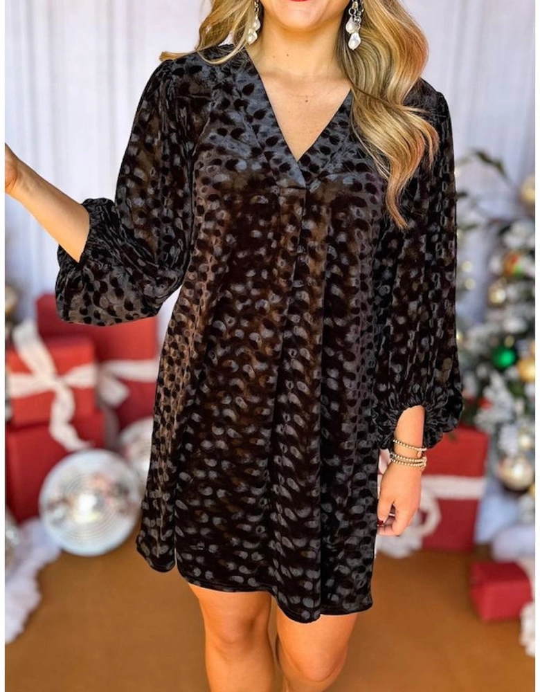 Black Textured V Neck Balloon Sleeve Velvet Mini Dress