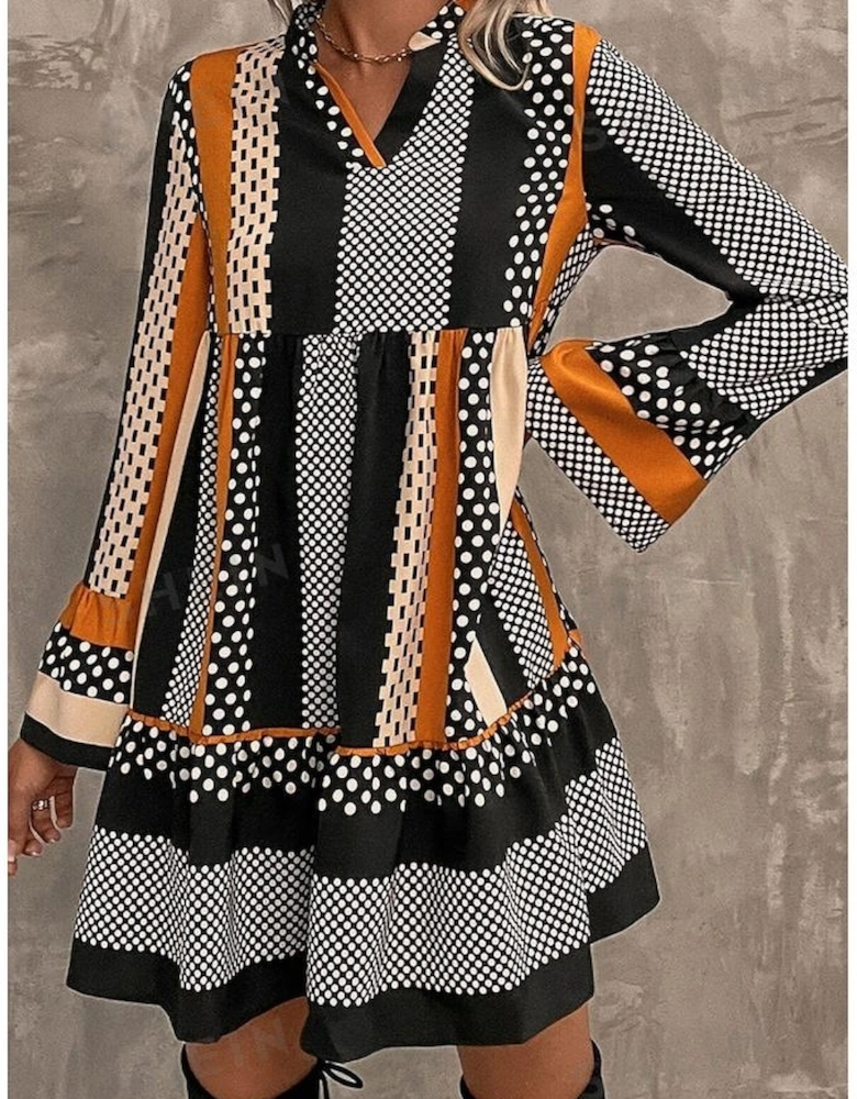 Black Striped Polka Dot Print Ruffled Hem V Neck Mini Dress