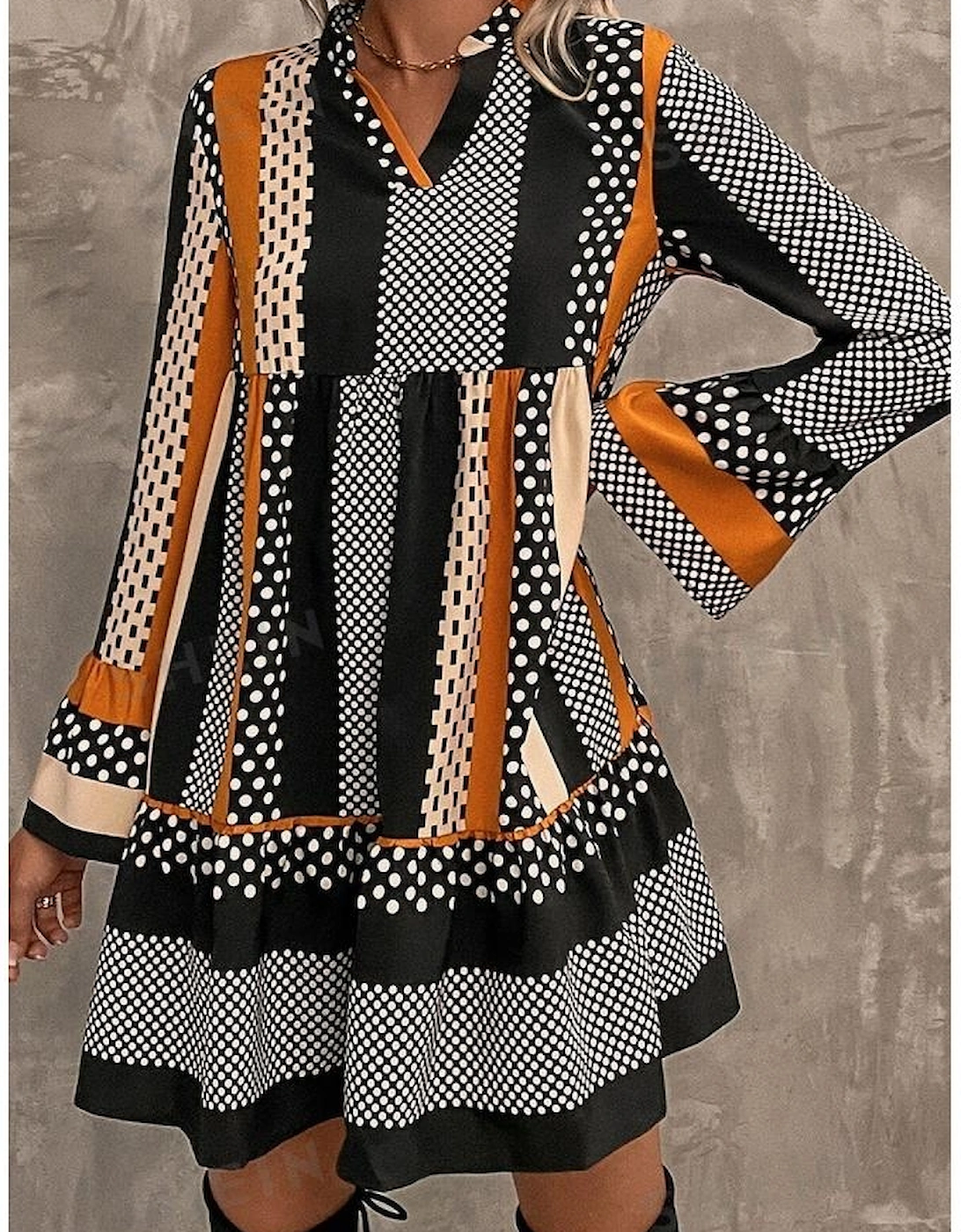 Black Striped Polka Dot Print Ruffled Hem V Neck Mini Dress