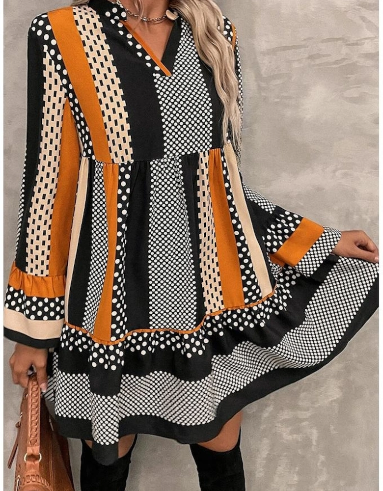 Black Striped Polka Dot Print Ruffled Hem V Neck Mini Dress