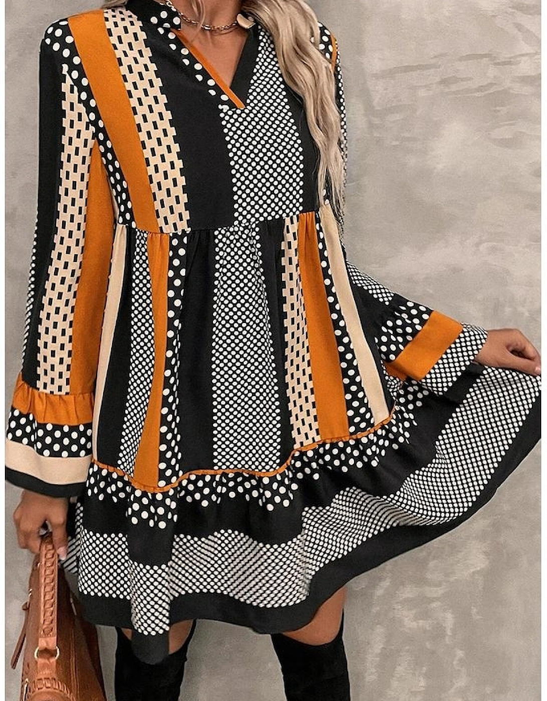 Black Striped Polka Dot Print Ruffled Hem V Neck Mini Dress