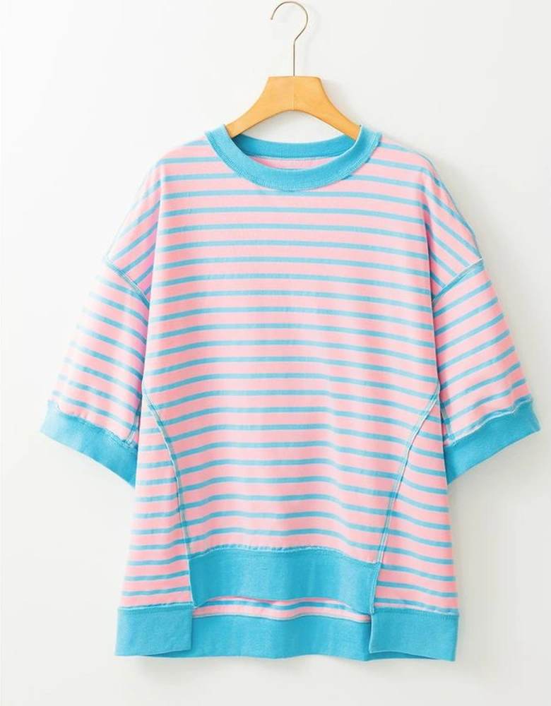Pink Stripe Oversized Contrast Trim Exposed Seam High Low T Shirt