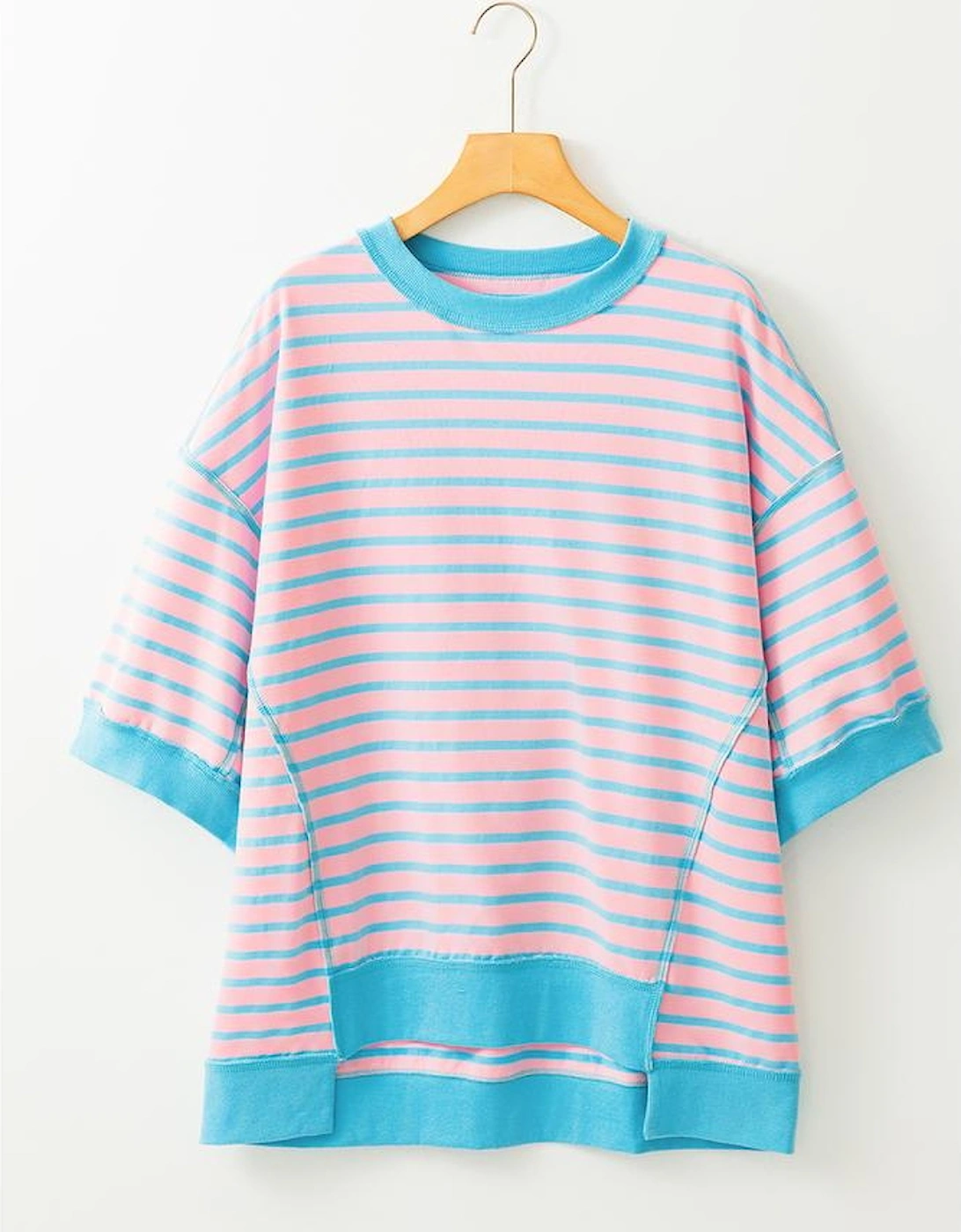 Pink Stripe Oversized Contrast Trim Exposed Seam High Low T Shirt