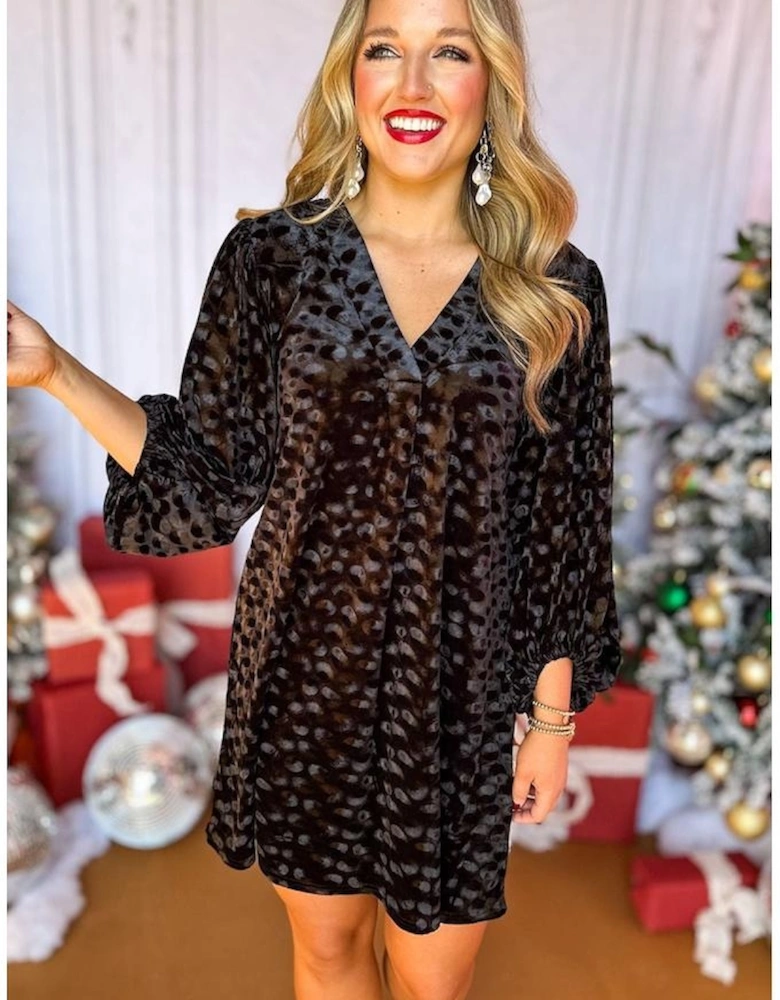 Black Textured V Neck Balloon Sleeve Velvet Mini Dress