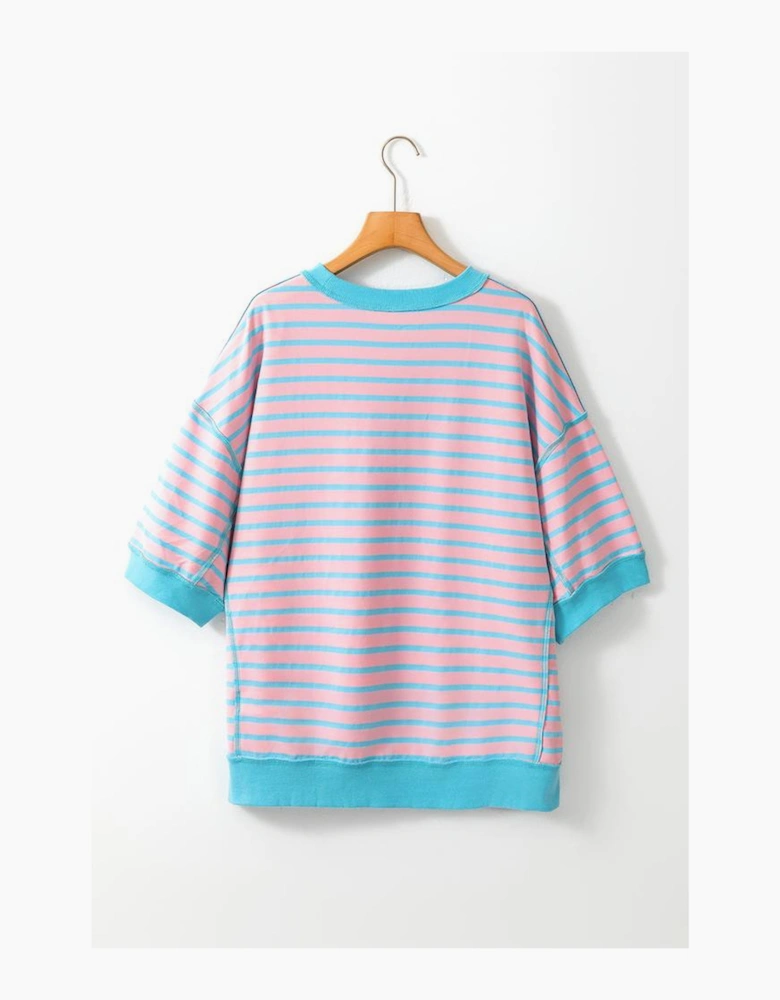 Pink Stripe Oversized Contrast Trim Exposed Seam High Low T Shirt