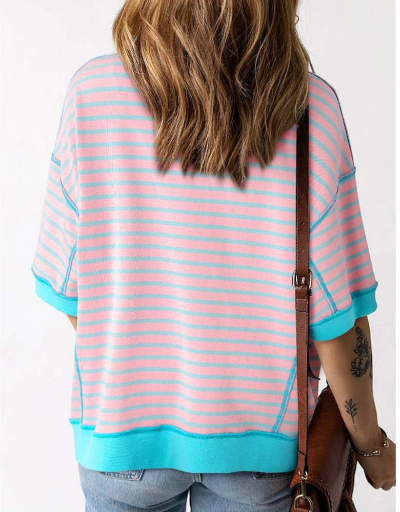 Pink Stripe Oversized Contrast Trim Exposed Seam High Low T Shirt