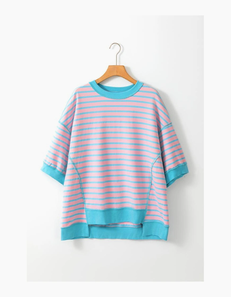 Pink Stripe Oversized Contrast Trim Exposed Seam High Low T Shirt