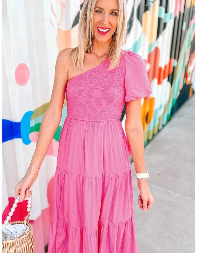 Strawberry Pink Asymmetric Puff Sleeve Smocked Bodice Tiered Midi Dress