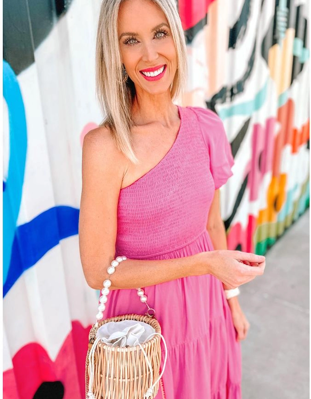 Strawberry Pink Asymmetric Puff Sleeve Smocked Bodice Tiered Midi Dress