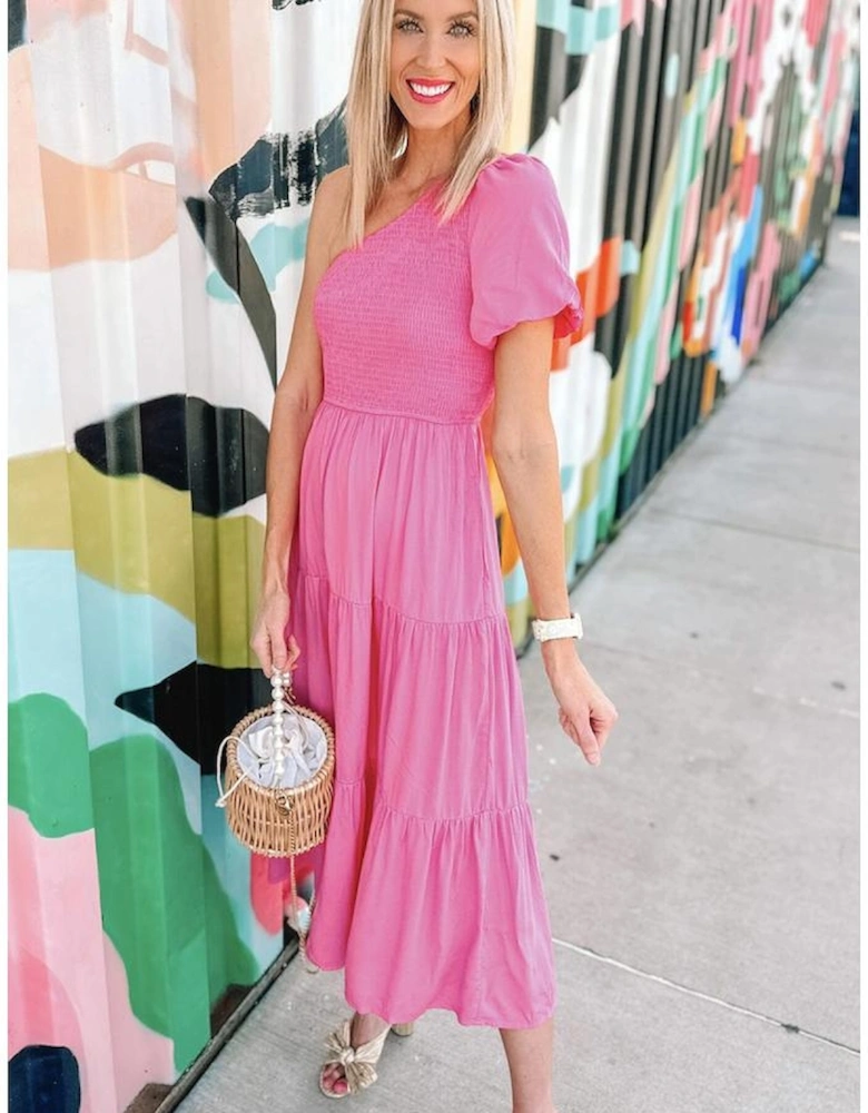 Strawberry Pink Asymmetric Puff Sleeve Smocked Bodice Tiered Midi Dress