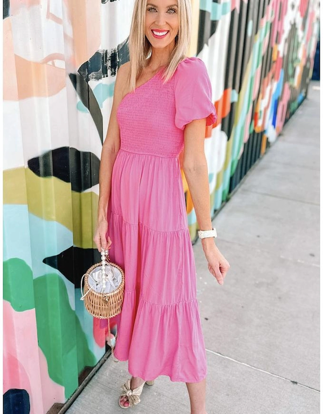 Strawberry Pink Asymmetric Puff Sleeve Smocked Bodice Tiered Midi Dress