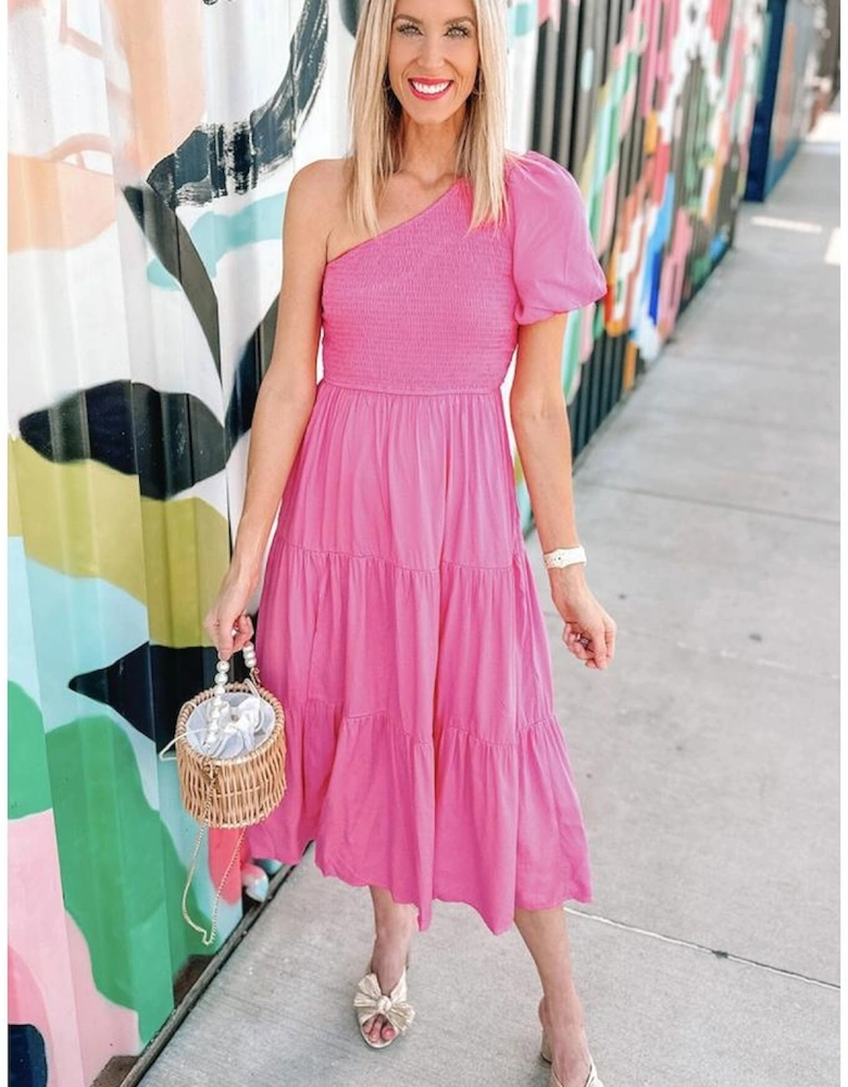 Strawberry Pink Asymmetric Puff Sleeve Smocked Bodice Tiered Midi Dress