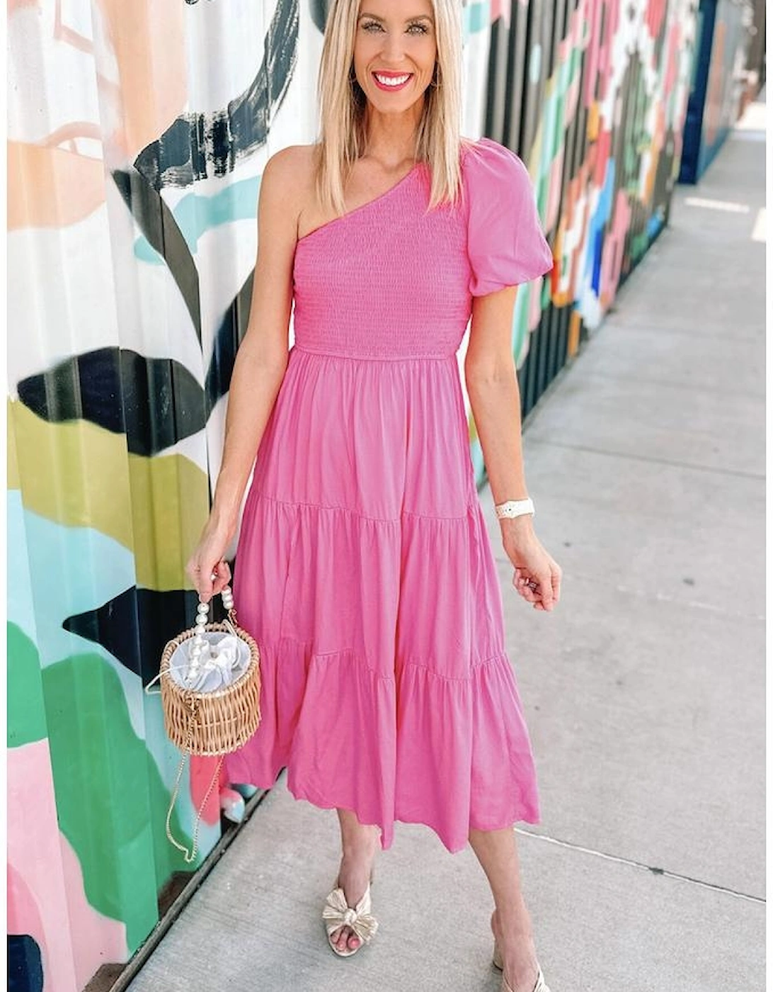 Strawberry Pink Asymmetric Puff Sleeve Smocked Bodice Tiered Midi Dress