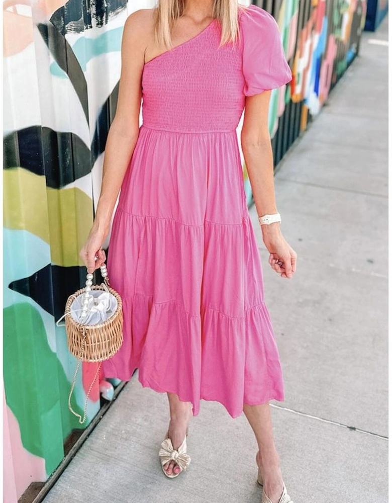 Strawberry Pink Asymmetric Puff Sleeve Smocked Bodice Tiered Midi Dress