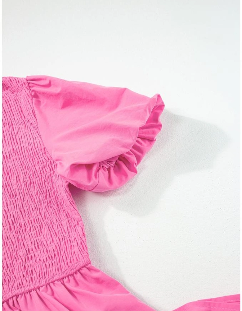 Strawberry Pink Asymmetric Puff Sleeve Smocked Bodice Tiered Midi Dress
