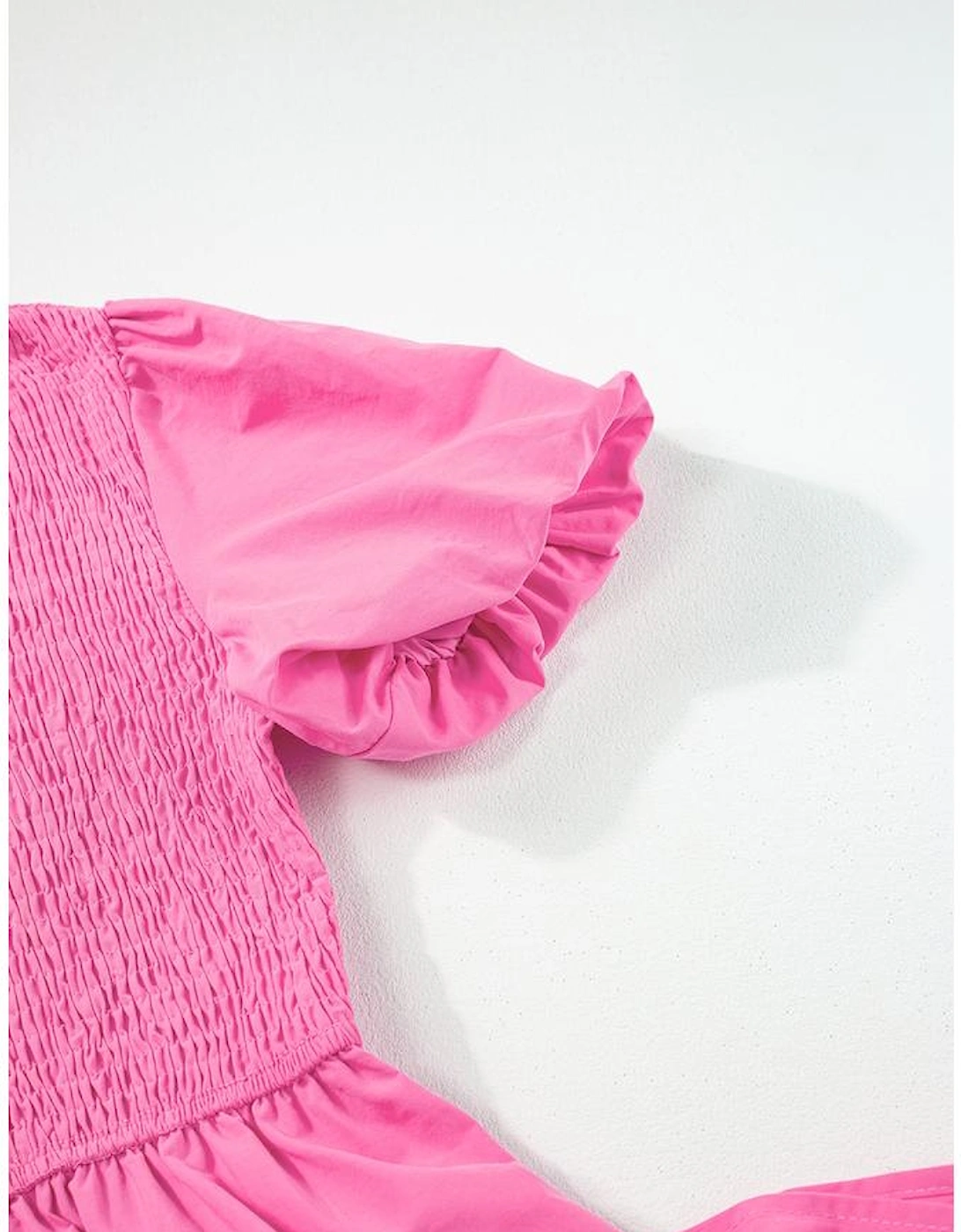 Strawberry Pink Asymmetric Puff Sleeve Smocked Bodice Tiered Midi Dress