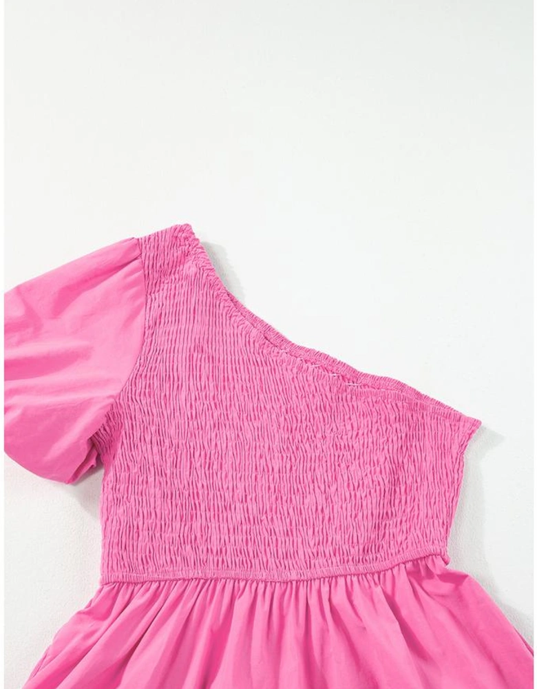 Strawberry Pink Asymmetric Puff Sleeve Smocked Bodice Tiered Midi Dress