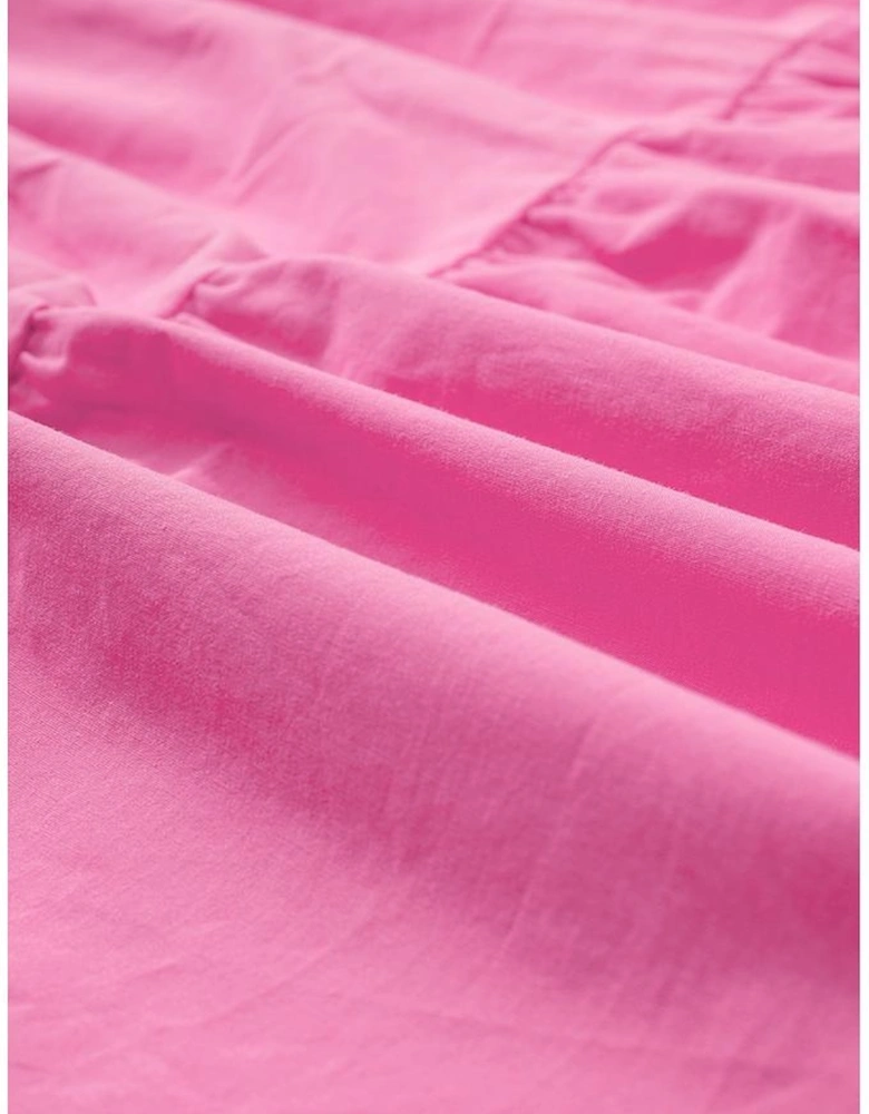 Strawberry Pink Asymmetric Puff Sleeve Smocked Bodice Tiered Midi Dress