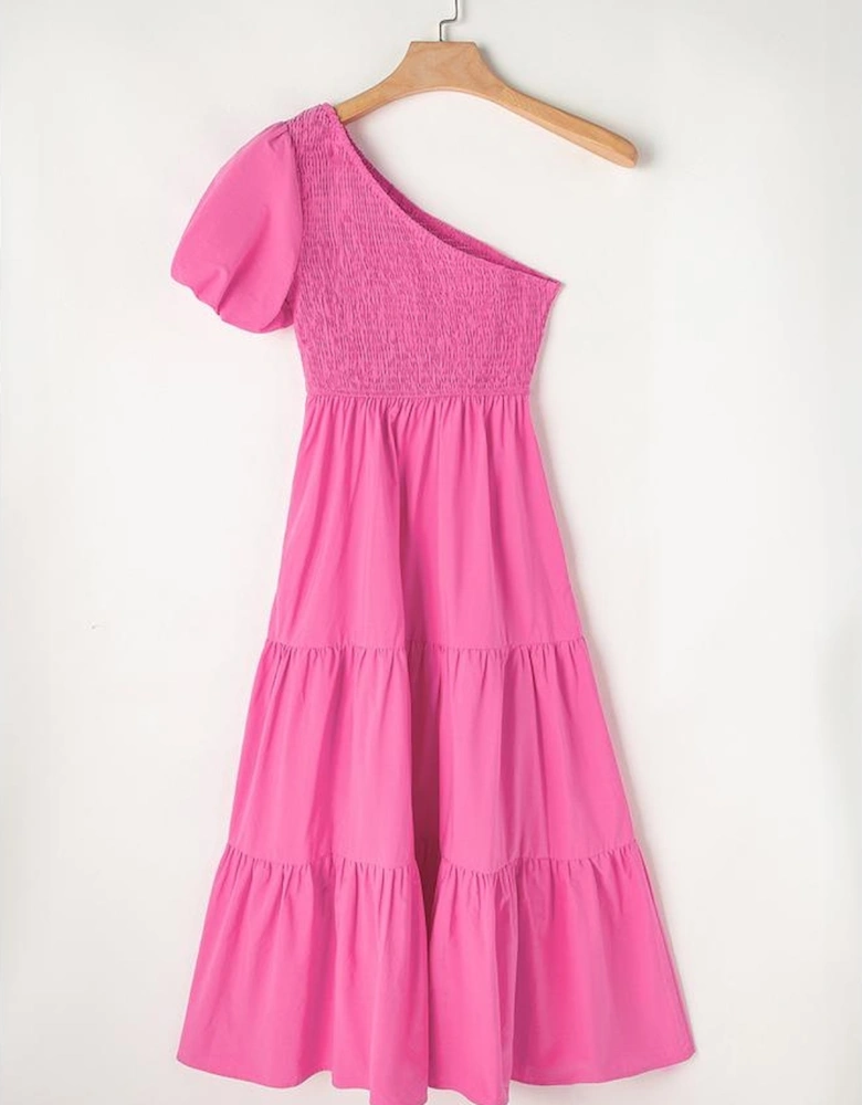 Strawberry Pink Asymmetric Puff Sleeve Smocked Bodice Tiered Midi Dress