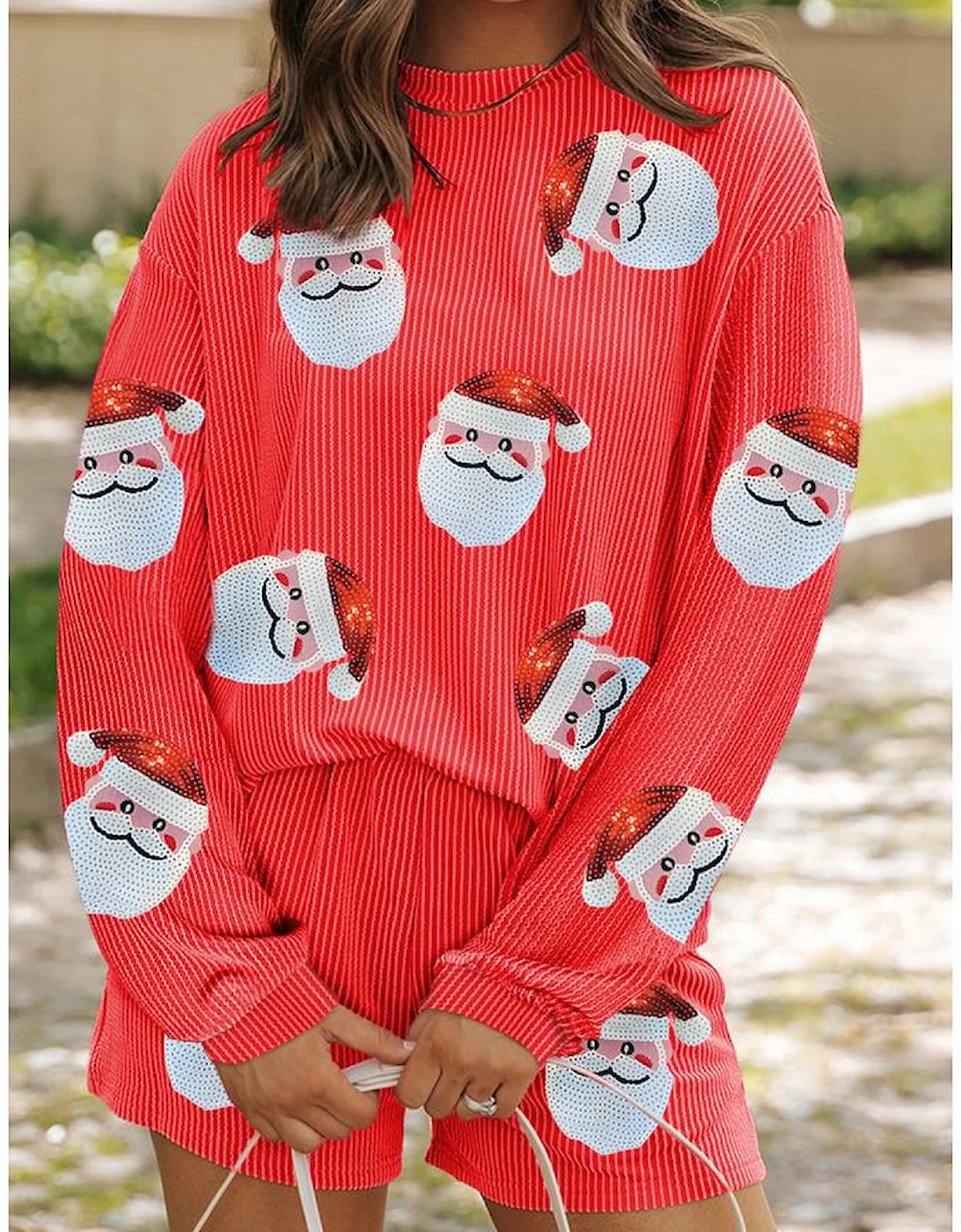 Gold Flame Sequin Christmas Santa Clause Corded Pullover and Shorts Set