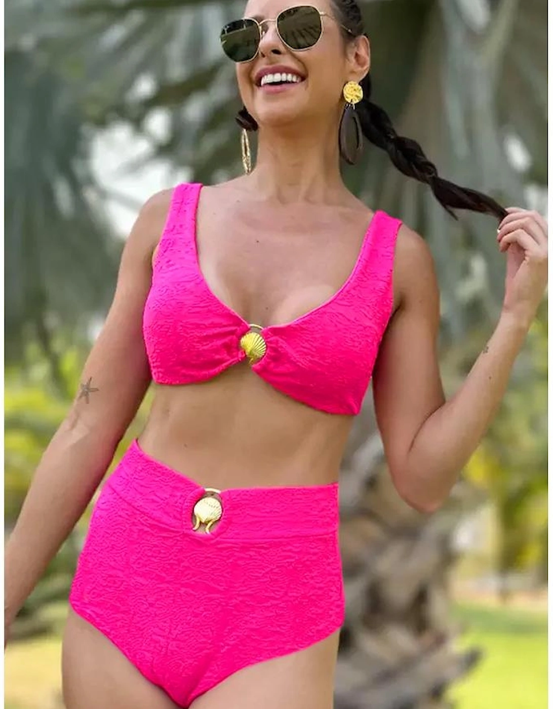 Rose Red Gold Shell Decor Wire-free Knotted 2pcs Bikini Swimsuit