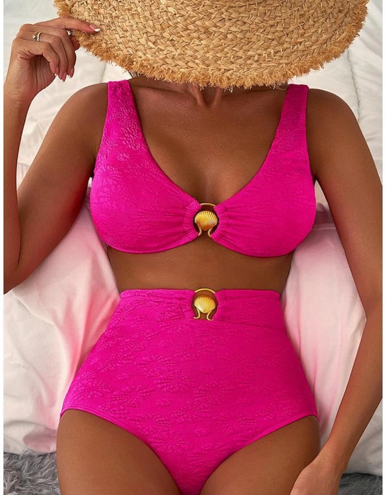 Rose Red Gold Shell Decor Wire-free Knotted 2pcs Bikini Swimsuit