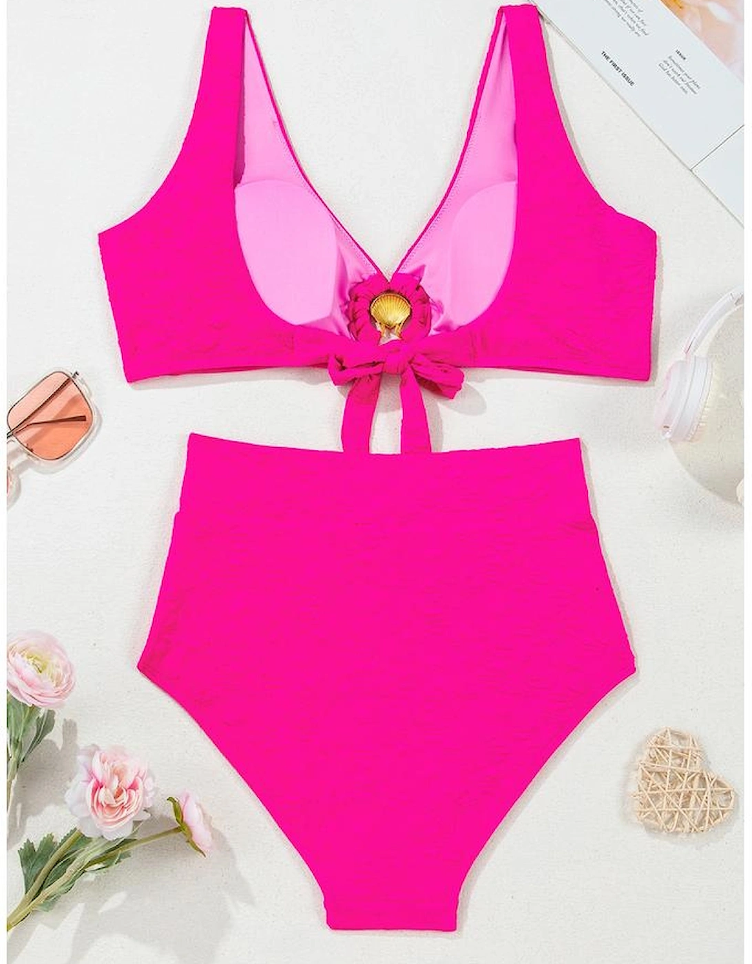 Rose Red Gold Shell Decor Wire-free Knotted 2pcs Bikini Swimsuit