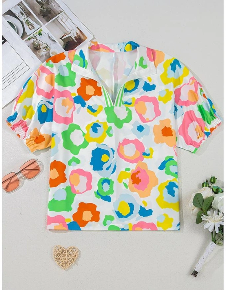 Green Chic Leopard Print Striped Detail Split Neck Blouse