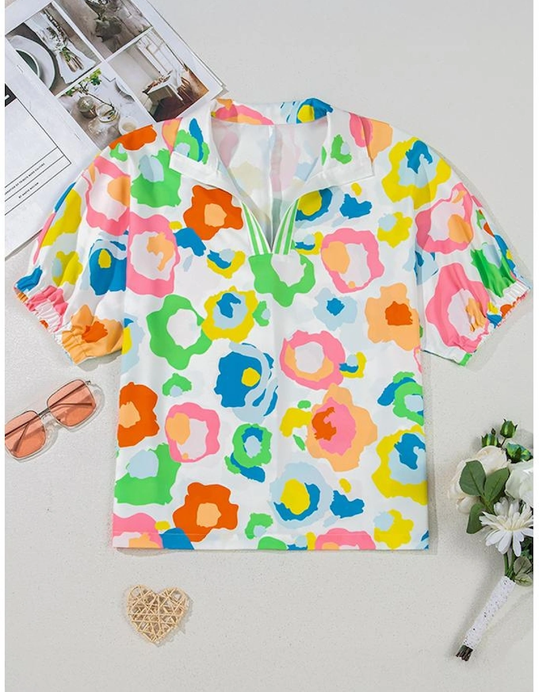 Green Chic Leopard Print Striped Detail Split Neck Blouse