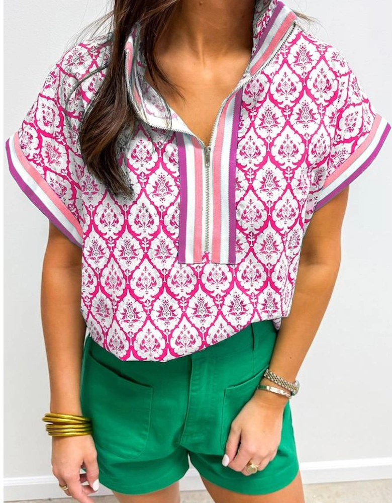 Pink Western Print Zipped Collar Short Sleeve Summer Blouse Top
