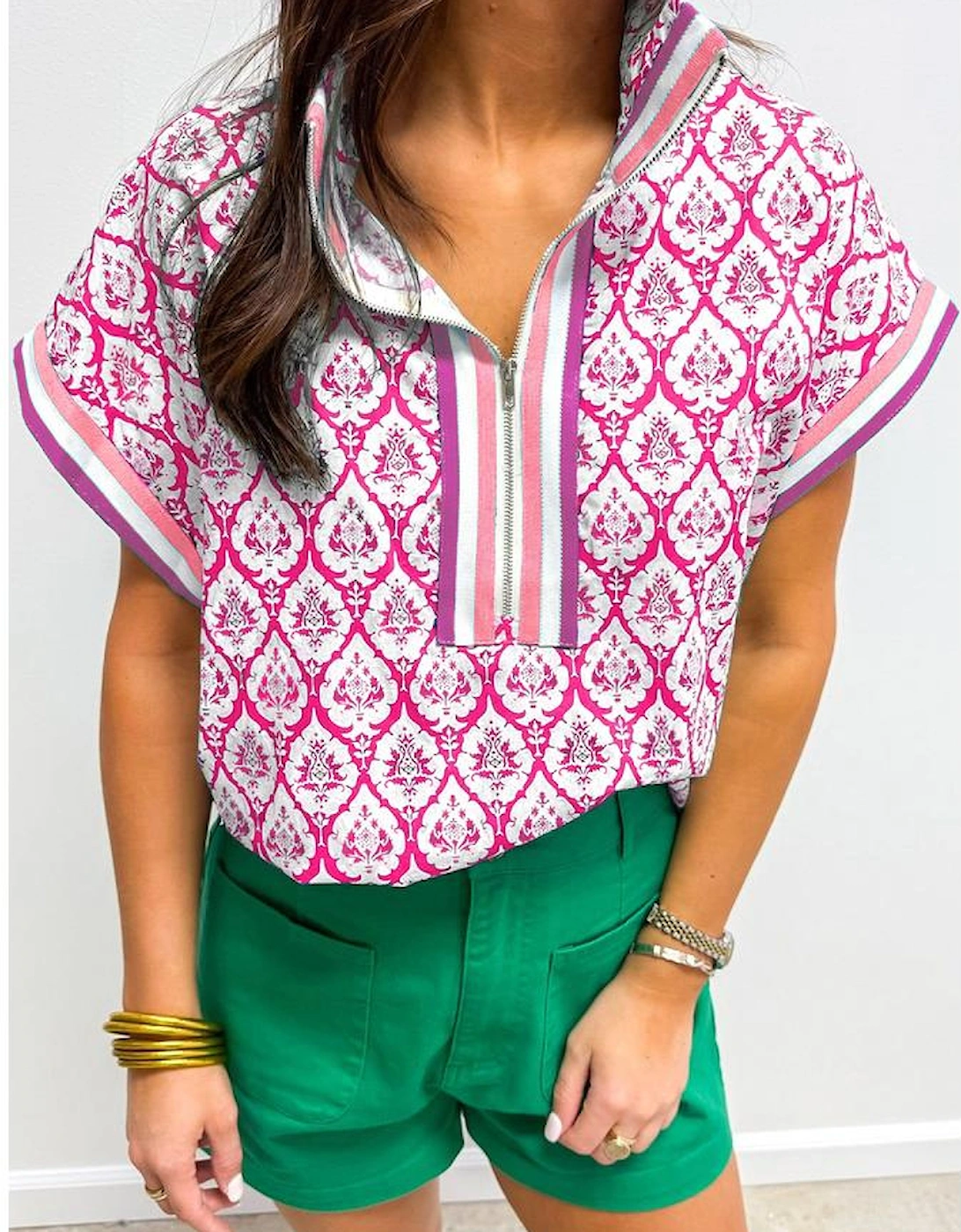 Pink Western Print Zipped Collar Short Sleeve Summer Blouse Top, 2 of 1