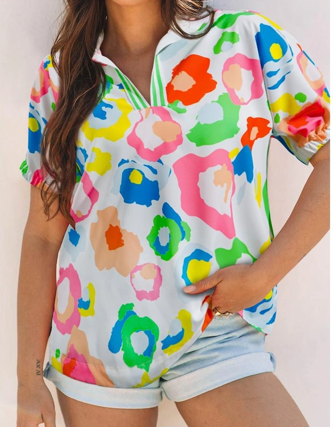 Green Chic Leopard Print Striped Detail Split Neck Blouse