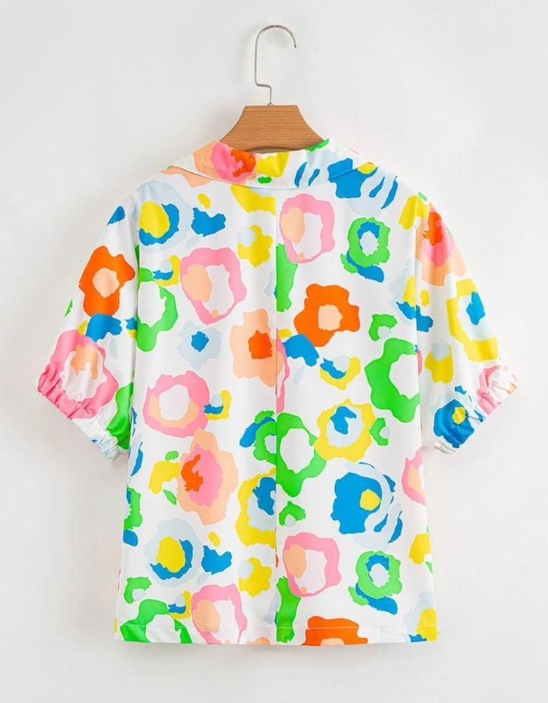 Green Chic Leopard Print Striped Detail Split Neck Blouse